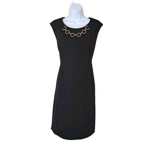 Calvin Klein Sheath Dress 12 Black Sleeveless Attached Necklace Career Office
